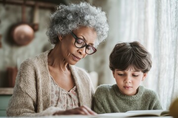 Elderly Black woman helping grandson with homework, focused on workbook in vintage kitchen