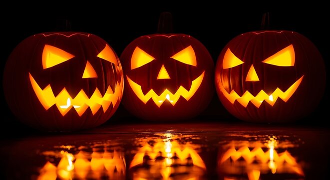 Three glowing jackolanterns with menacing expressions, casting eerie reflections on a dark surface, perfect for halloween themed designs and decorations