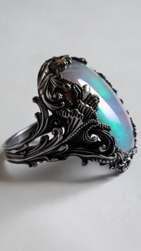 A close-up of a silver ring featuring a black and white opal stone