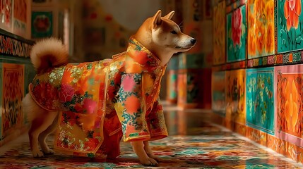 Fototapeta premium Shiba inu in a sparkled formal tunic walking past colorful wall panels in a vibrant decorated space