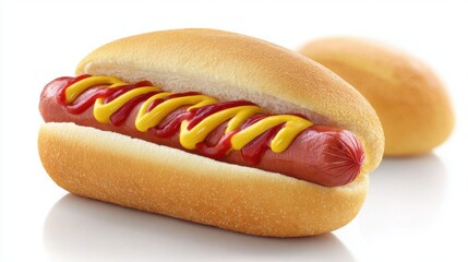 Classic hot dog with mustard and ketchup in soft bun on white background, traditional American fast food and street food favorite for casual dining