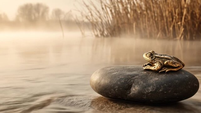 A golden frog statue rests on a smooth stone in calm water, with a misty riverbank in the background