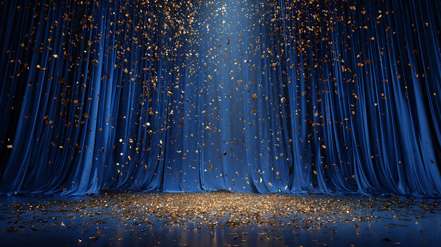 Blue velvet curtains with falling gold confetti stage - Powered by Adobe