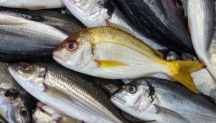 Fototapeta premium Fresh Catch of Golden and Silver Fish on Ice