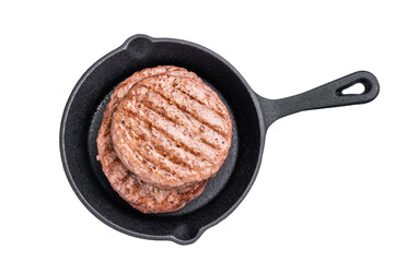 Deliciously charred grilled meat burger patty on the grill, perfect for satisfying cravings at any cookout. isolated on white background. top view
