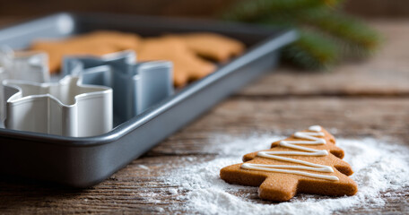 Close-up of decorated Christmas tree-shaped gingerbread cookie with icing on wooden surface and metal cookie cutters in baking tray