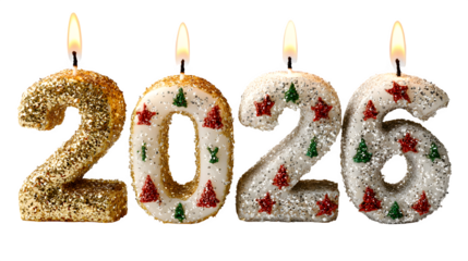 Festive 2026 typography made of candles with burning wicks and soft light glow isolated on white background
