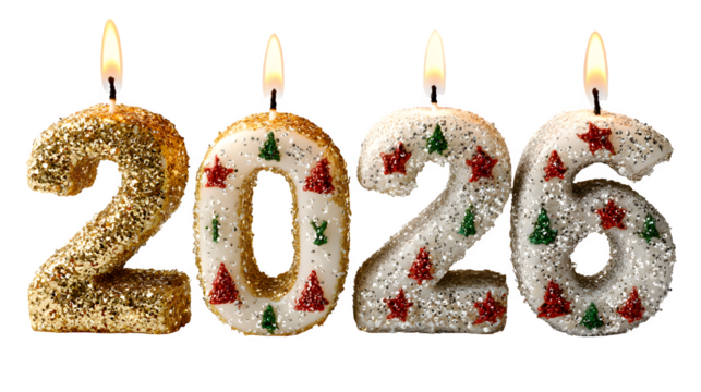 Festive 2026 typography made of candles with burning wicks and soft light glow isolated on white background