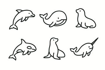 Fototapeta premium Black and white line drawings of marine animals: dolphin, whale, seal, narwhal, orca