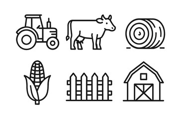 Outline icons of tractor, cow, hay bale, corn, fence, and barn - farming elements