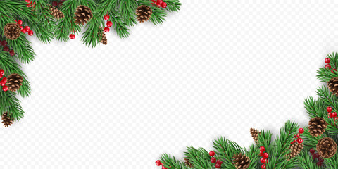 Vector frame with pine tree branches, cones and red berries, isolated on a transparent background. Holiday border fir tree branch for winter banner, poster, greeting card.