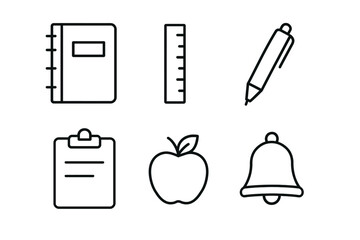 Set of school supplies icons: notebook, ruler, pen, clipboard, apple, bell