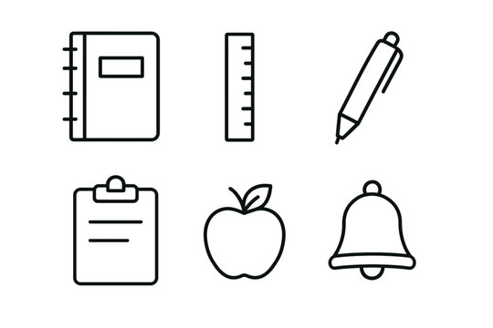 Set of school supplies icons: notebook, ruler, pen, clipboard, apple, bell