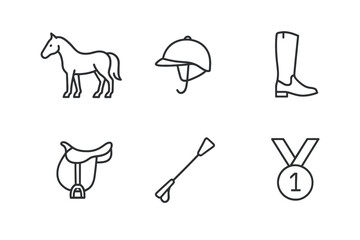 Equestrian gear icons: horse, helmet, boots, saddle, whip, medal