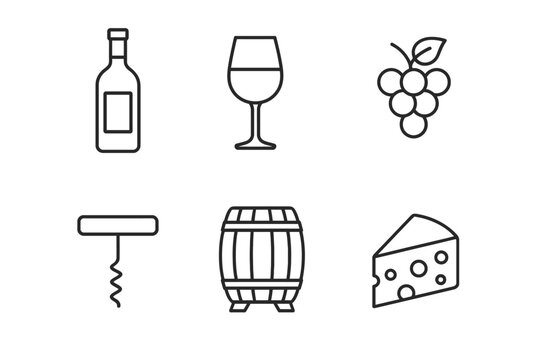 Wine icons set: bottle, glass, grapes, corkscrew, barrel, cheese
