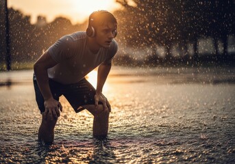 Man in the rain wearing headphones takes a break from his workout