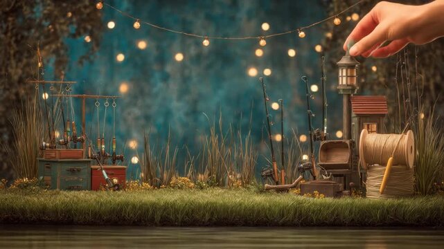 A serene pond scene with fishing gear, lights, and a small building with warm glow