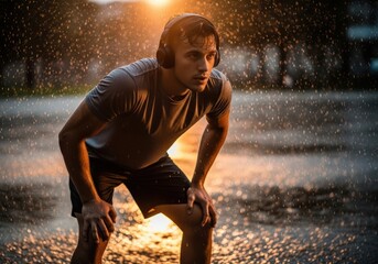 Man taking a break from running in the rain, listening to music with headphones