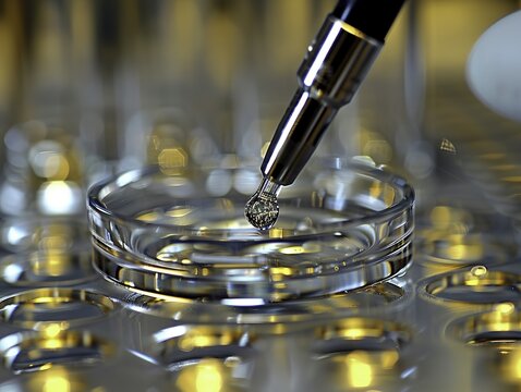 A pipette dispensing a drop of liquid into a petri dish in a laboratory setting