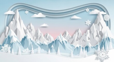 Paper cut winter landscape with snowy mountains and serene sky design