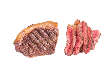 Appetizing grilled striploin steak with salad, inviting you to indulge in a mouthwatering culinary experience. isolated on white background. top view