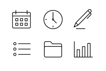 Minimalist icons for scheduling, time, writing, organizing, files, and data analysis