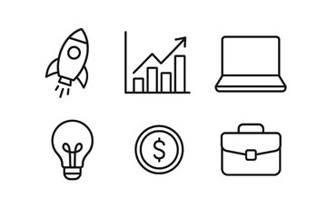 Set of business and growth icons: rocket, graph, laptop, lightbulb, coin, briefcase