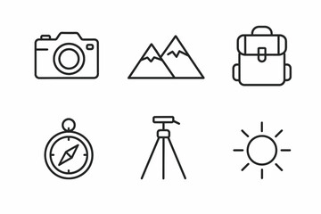 Outdoor adventure icons: camera, mountains, backpack, compass, tripod, sun