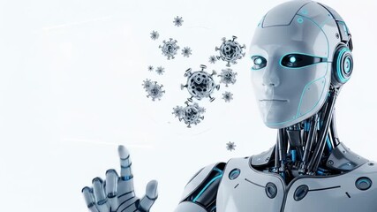 A humanoid robot with glowing blue eyes points a finger at floating virus molecules on a futuristic white background - Powered by Adobe