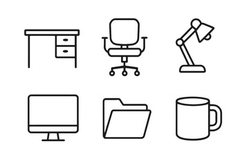 Minimalist office supplies icons set: desk, chair, lamp, monitor, folder, mug