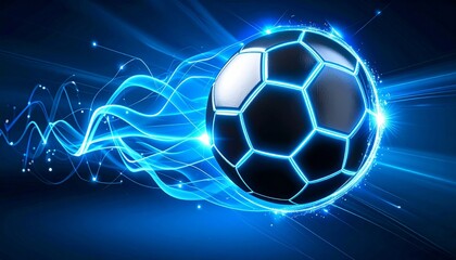 Glowing digital soccer ball with blue light trails on dark background