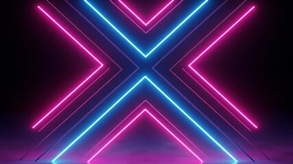 A futuristic abstract background with glowing pink and blue neon lights forming a geometric X shape over a reflective surface - Powered by Adobe