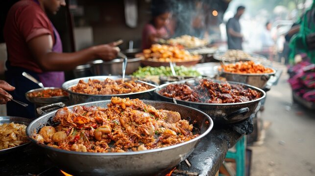 Street food vendor preparing and serving dishes in Bangladesh.