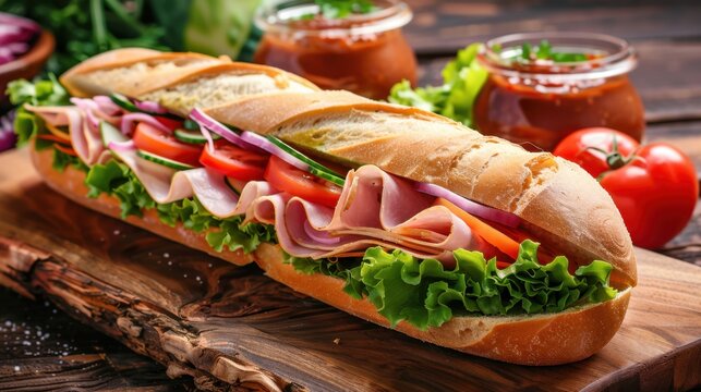Two ham sandwiches with lettuce, tomato, and onion on a wooden board with cherry tomatoes and sauce jars nearby. Fresh deli food concept.