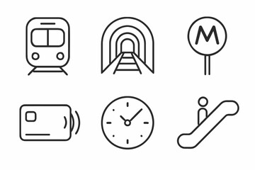 Subway icons: train, tunnel, metro sign, card, clock, escalator symbols