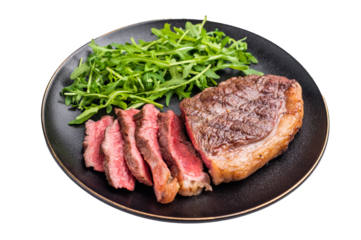 Appetizing grilled striploin steak with salad, inviting you to indulge in a mouthwatering culinary experience. isolated on white background. top view