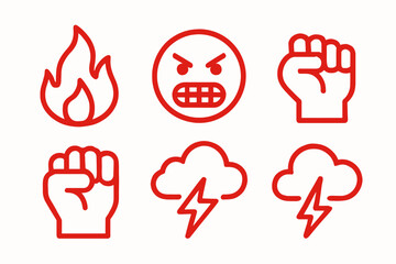 Red icons set: fire, angry face, fist, thunderstorm symbols