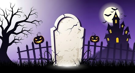 Spooky halloween night scene with haunted house, bats, pumpkins, tombstone and a dead tree in front of a full moon on a purple background