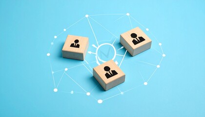 Wooden blocks with business icons in network around central checkmark on blue background