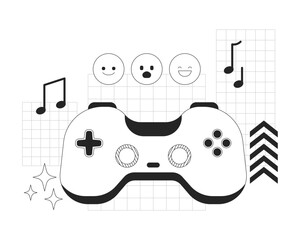 Gaming entertainment line onboarding ui illustration. Gamepad joy. Gamification. Game controller playing with emojis and music notes outline 2D concept isolated. Ink linear metaphor vector art