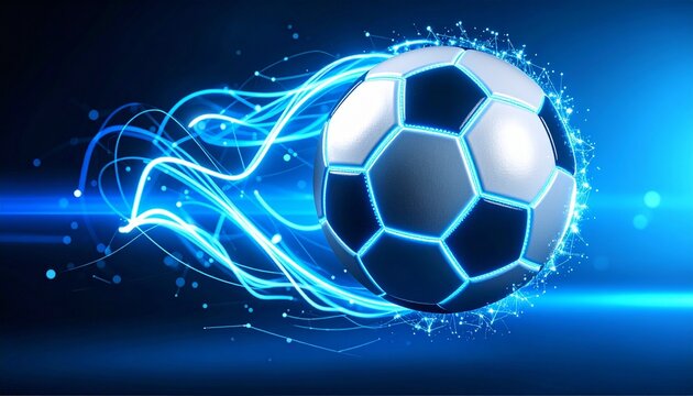 Glowing digital soccer ball with blue light trails on dark background