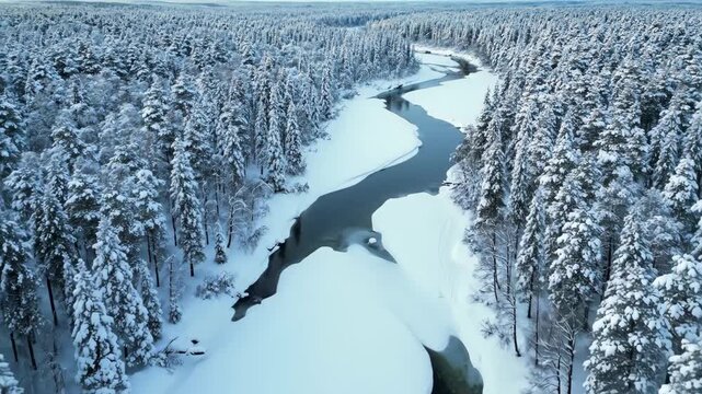 Winding unfrozen river flowing through a snow-covered evergreen forest during winter, creating a peaceful and serene natural landscape from an aerial perspective