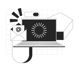 Email and loading throbber on laptop line onboarding ui illustration. E-mail envelope with web elements. Newsletter notebook technology outline 2D concept isolated. Ink linear metaphor vector art