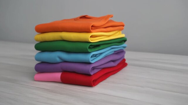 A realistic video of colorful T-shirts arranged in a pyramid stack