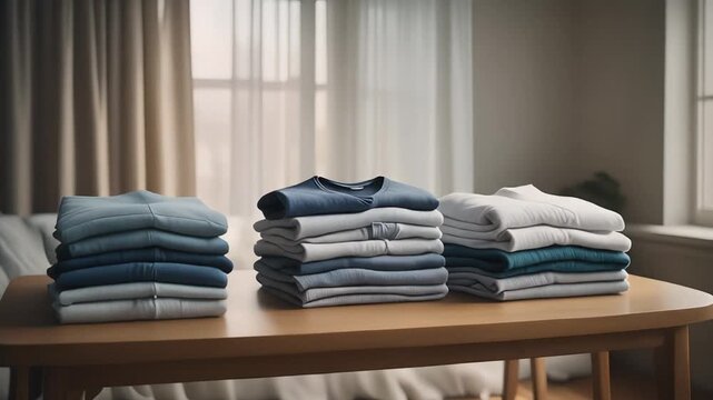 A realistic front view of neatly folded T-shirts arranged on a wooden table