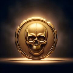 A vintage golden coin engraved with skull emblem, glowing under moody warm light