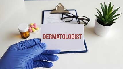 Dermatologist card held by gloved hand, with clipboard, glasses, pills, and plant, representing skin care and medical expertise
