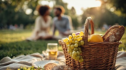 A romantic picnic basket with grapes, bread, and wine in the foreground, with a blurred couple enjoying the golden hour sunset in a park. A cozy, wellness, and lifestyle concept with copy space.