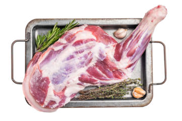 Uncooked fresh lamb shoulder leg with rich marbling, ideal for gourmet dishes and family feasts. isolated on white background. top view