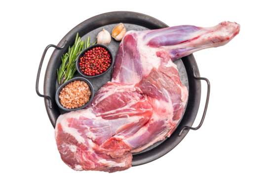 Whole fresh lamb mutton shoulder, inviting you to prepare a delicious roast that will impress your guests.  isolated on white background. top view